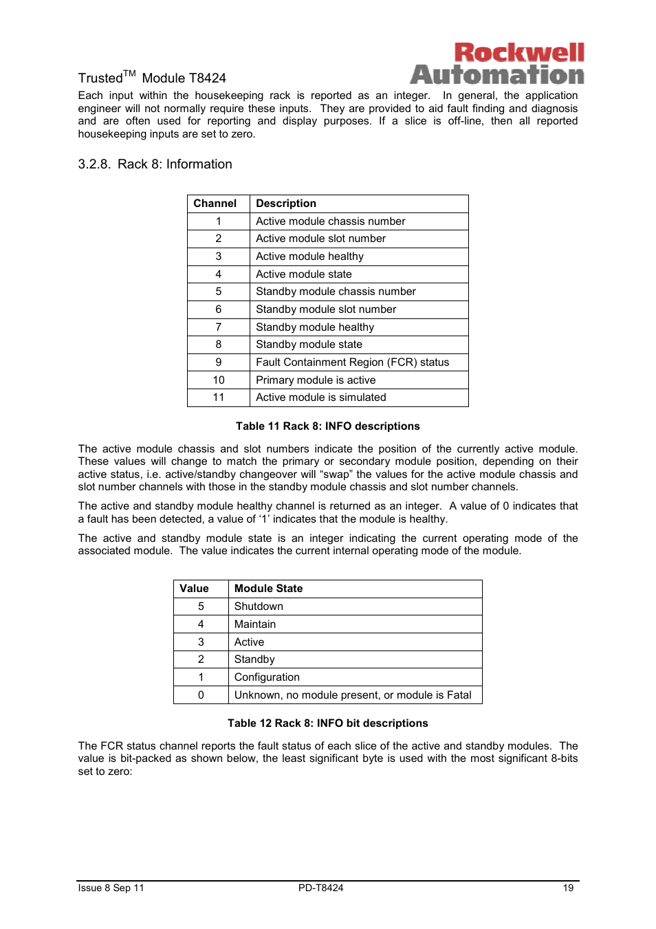 Trusted, Module t8424, Rack 8: information | Rockwell Automation T8424 Trusted TMR 120Vac Digital Input Module User Manual | Page 19 / 29