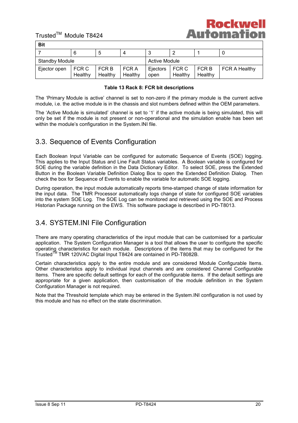 Sequence of events configuration, System.ini file configuration, Trusted | Module t8424 | Rockwell Automation T8424 Trusted TMR 120Vac Digital Input Module User Manual | Page 20 / 29