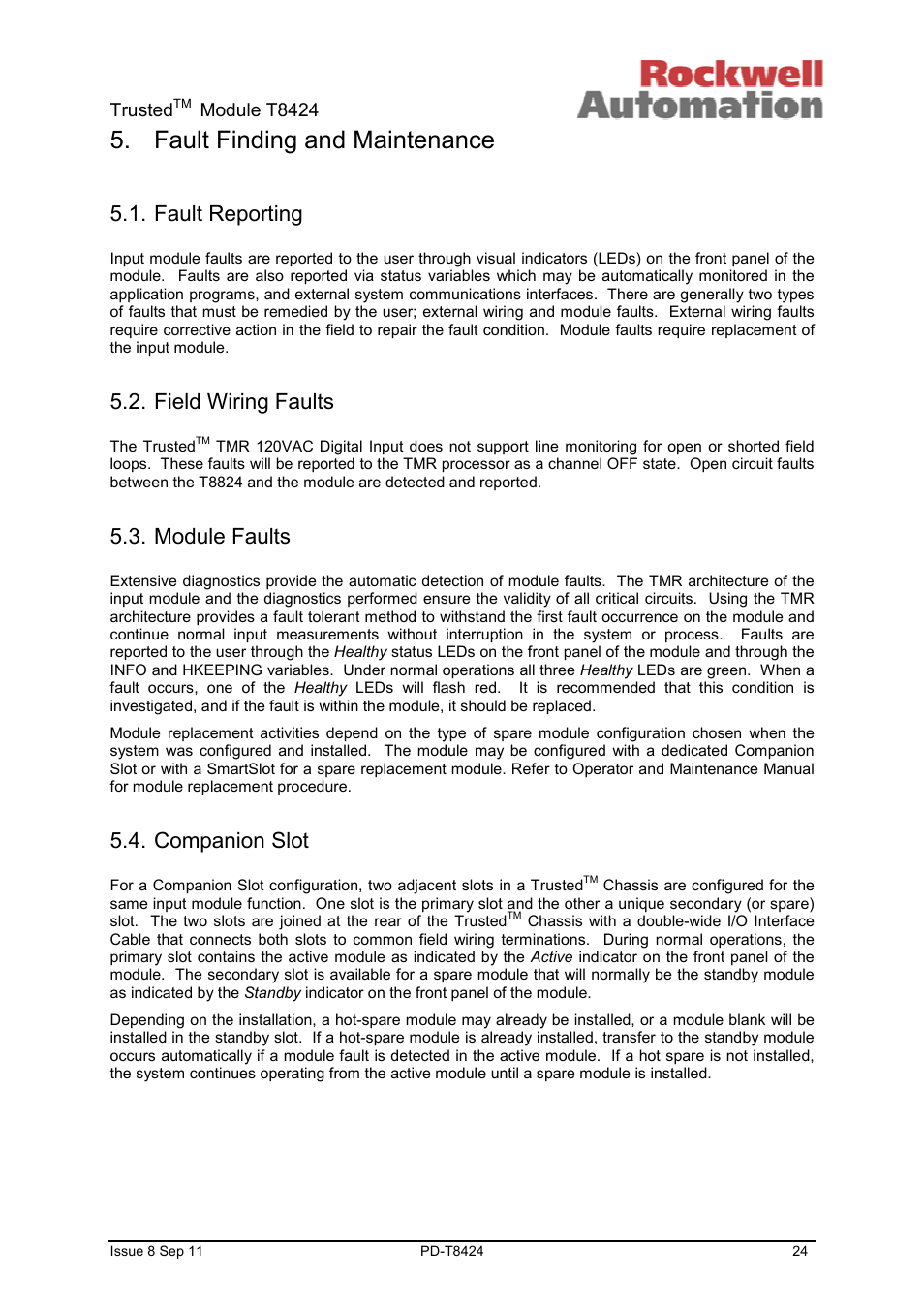 Fault finding and maintenance, Fault reporting, Field wiring faults | Module faults, Companion slot | Rockwell Automation T8424 Trusted TMR 120Vac Digital Input Module User Manual | Page 24 / 29