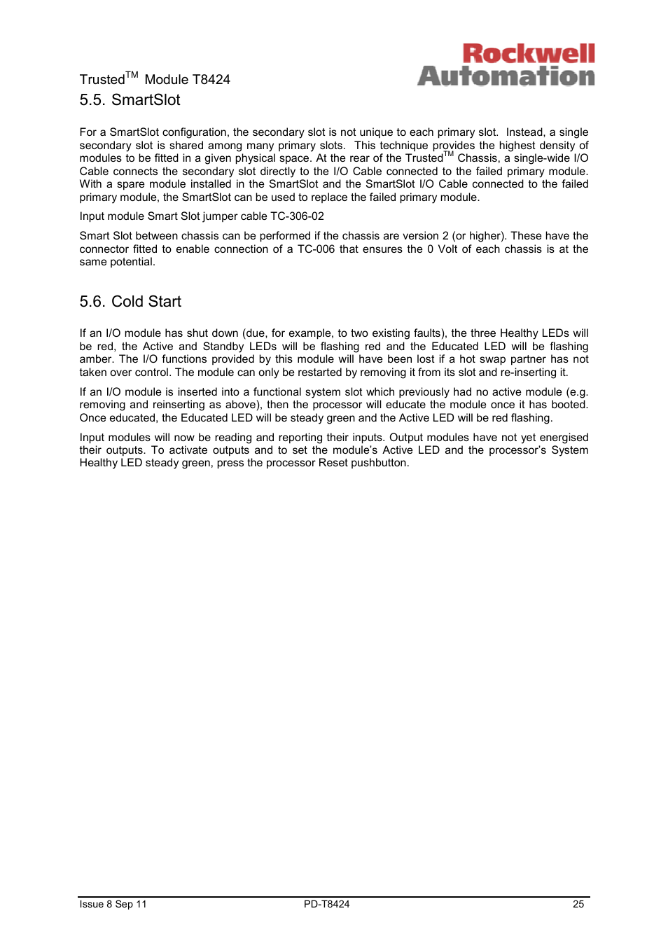 Smartslot, Cold start | Rockwell Automation T8424 Trusted TMR 120Vac Digital Input Module User Manual | Page 25 / 29