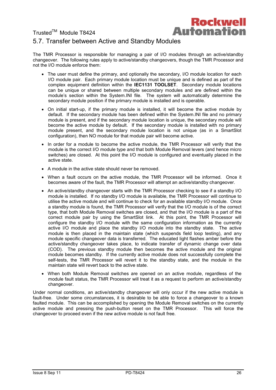 Transfer between active and standby modules, Trusted, Module t8424 | Rockwell Automation T8424 Trusted TMR 120Vac Digital Input Module User Manual | Page 26 / 29