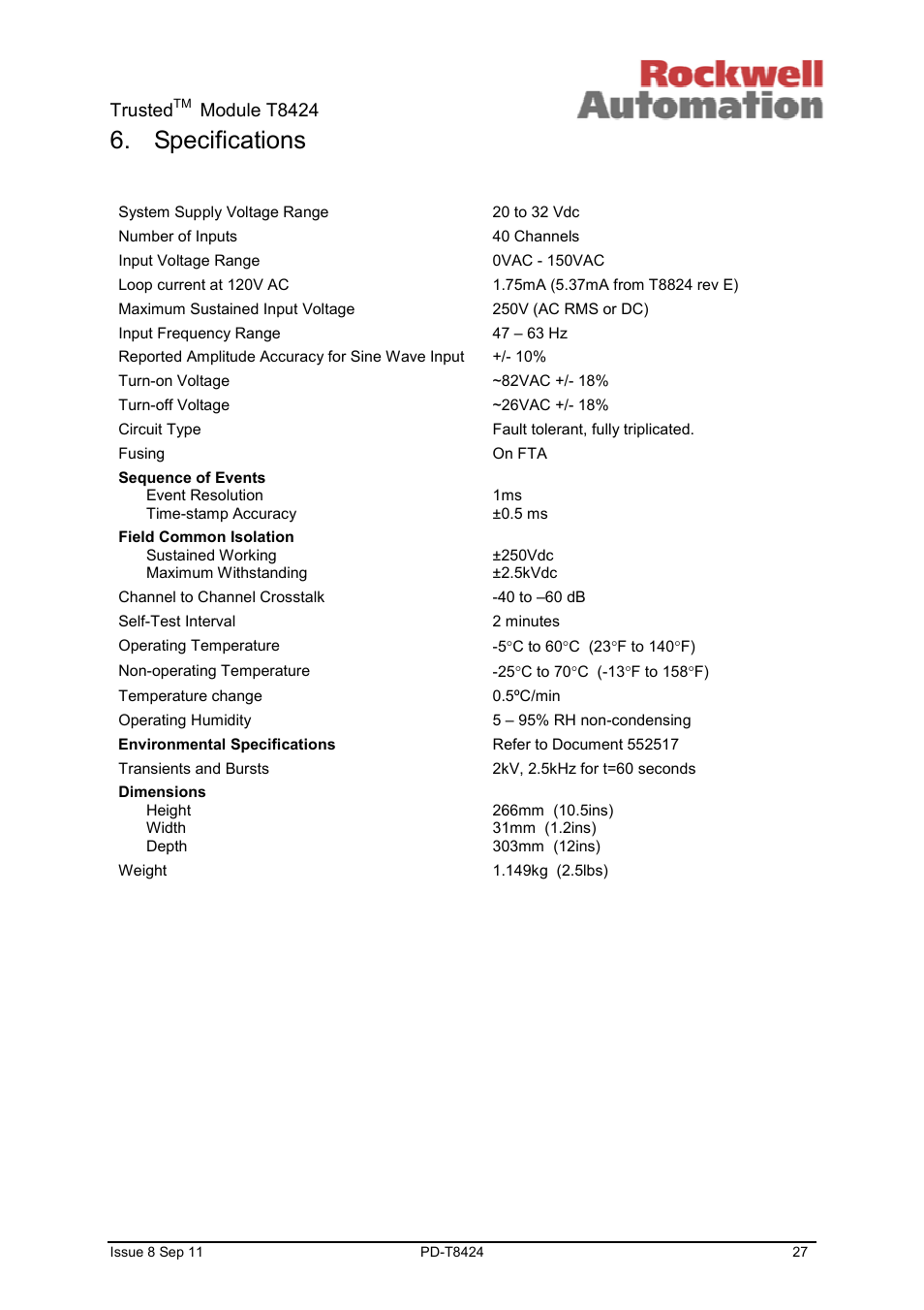 Specifications, Trusted, Module t8424 | Rockwell Automation T8424 Trusted TMR 120Vac Digital Input Module User Manual | Page 27 / 29