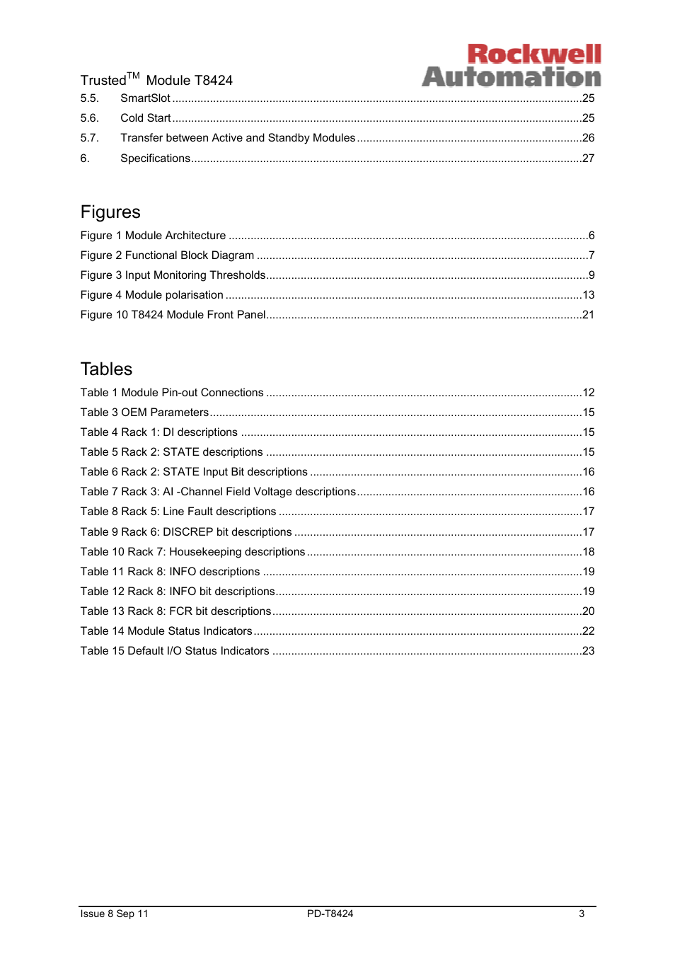 Figures, Tables | Rockwell Automation T8424 Trusted TMR 120Vac Digital Input Module User Manual | Page 3 / 29