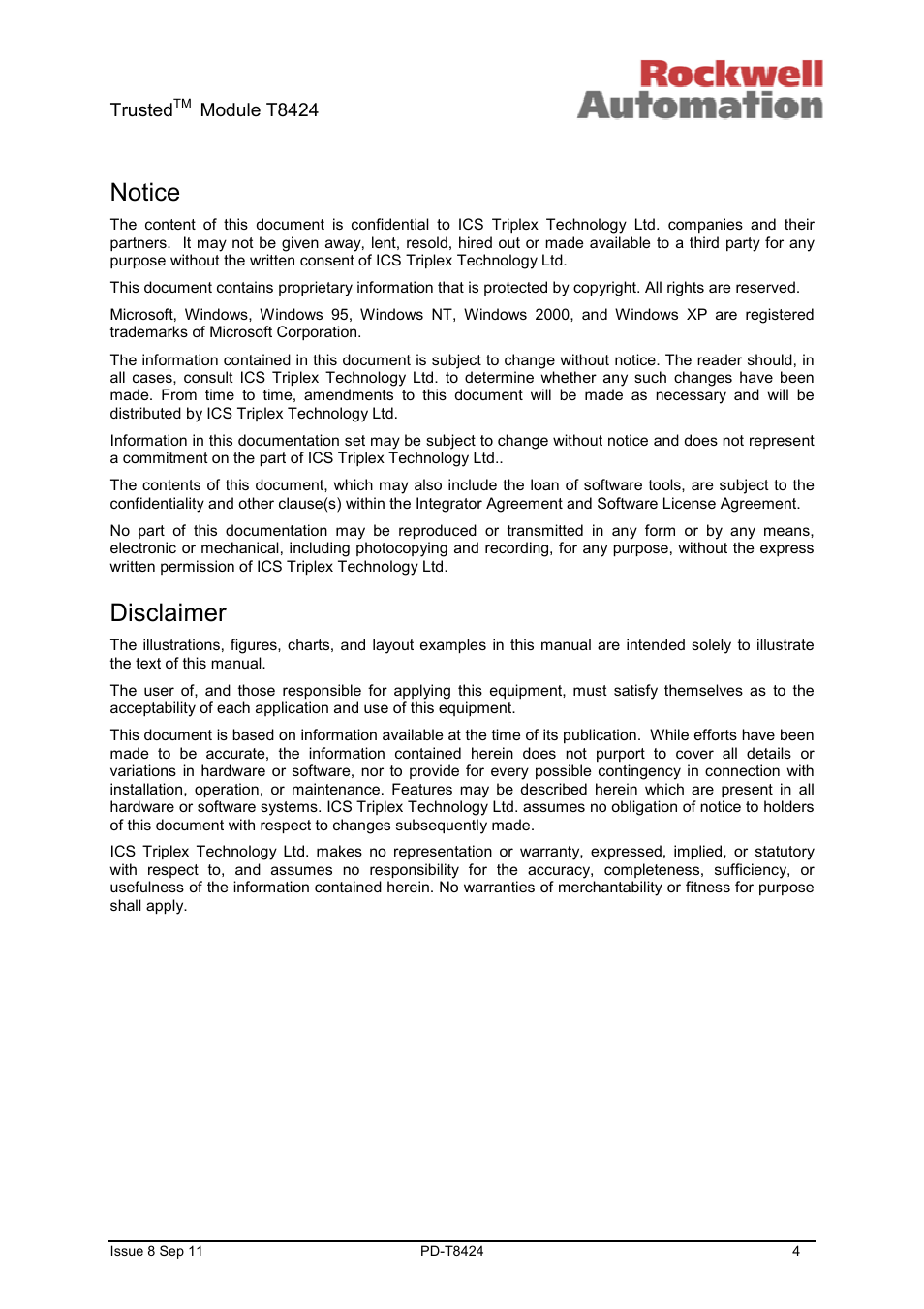 Notice, Disclaimer | Rockwell Automation T8424 Trusted TMR 120Vac Digital Input Module User Manual | Page 4 / 29