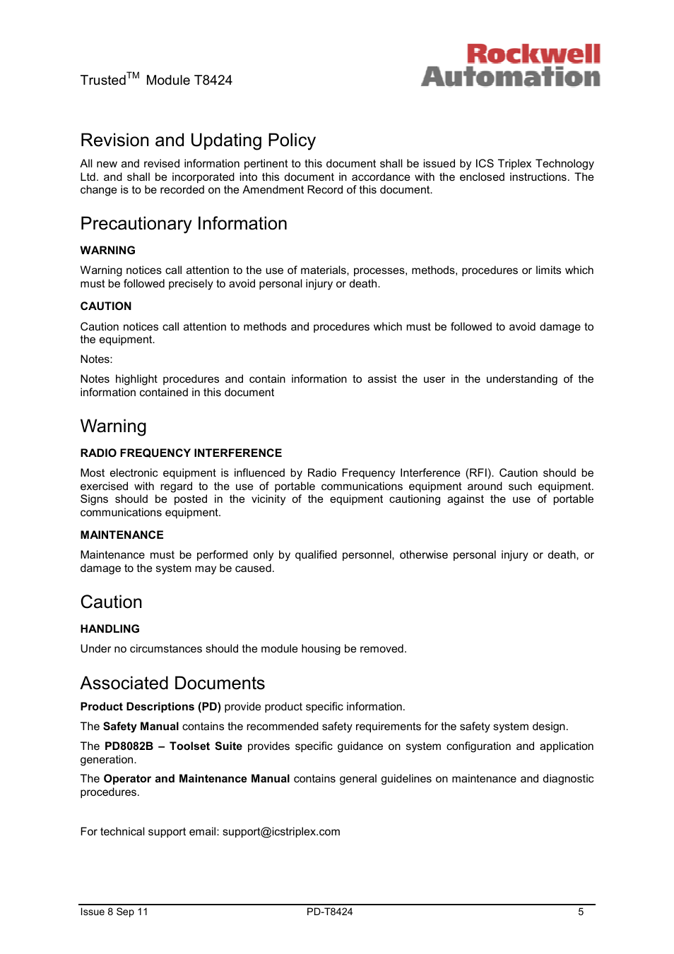 Revision and updating policy, Precautionary information, Warning | Caution, Associated documents | Rockwell Automation T8424 Trusted TMR 120Vac Digital Input Module User Manual | Page 5 / 29