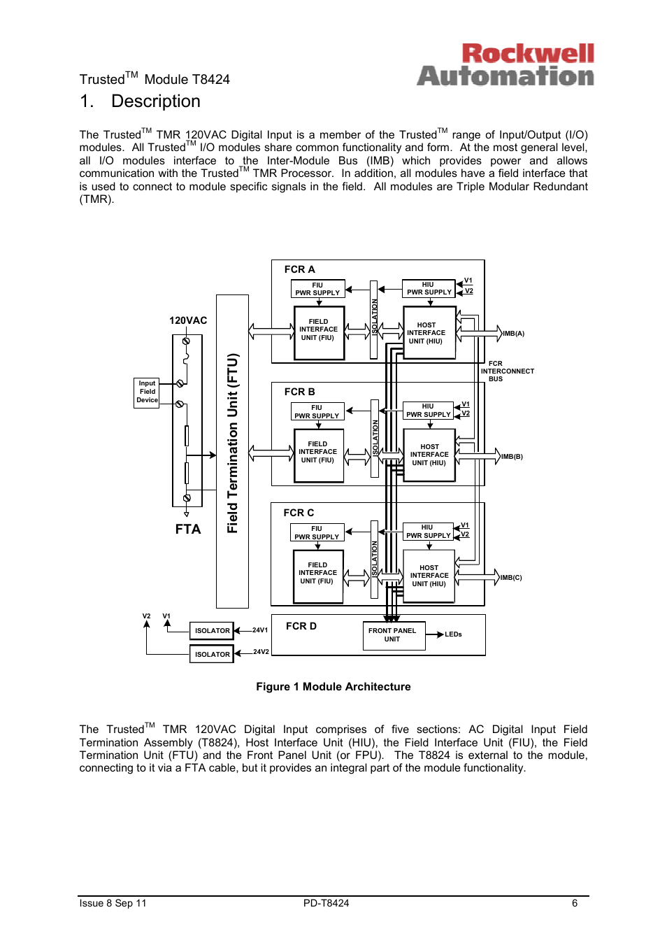 Description, Trusted, Module t8424 | Rockwell Automation T8424 Trusted TMR 120Vac Digital Input Module User Manual | Page 6 / 29