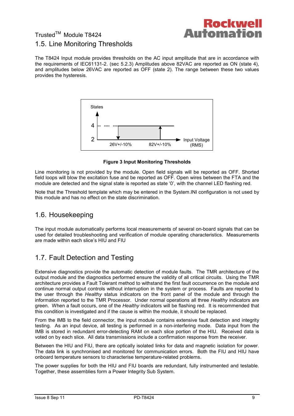 Line monitoring thresholds, Housekeeping, Fault detection and testing | Rockwell Automation T8424 Trusted TMR 120Vac Digital Input Module User Manual | Page 9 / 29