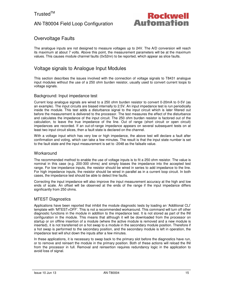 Trusted, Overvoltage faults, Voltage signals to analogue input modules | Rockwell Automation T80004 Application Note Field Loop Configuration User Manual | Page 15 / 56