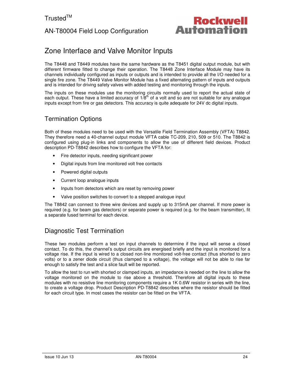 Zone interface and valve monitor inputs, Trusted, Termination options | Diagnostic test termination | Rockwell Automation T80004 Application Note Field Loop Configuration User Manual | Page 24 / 56