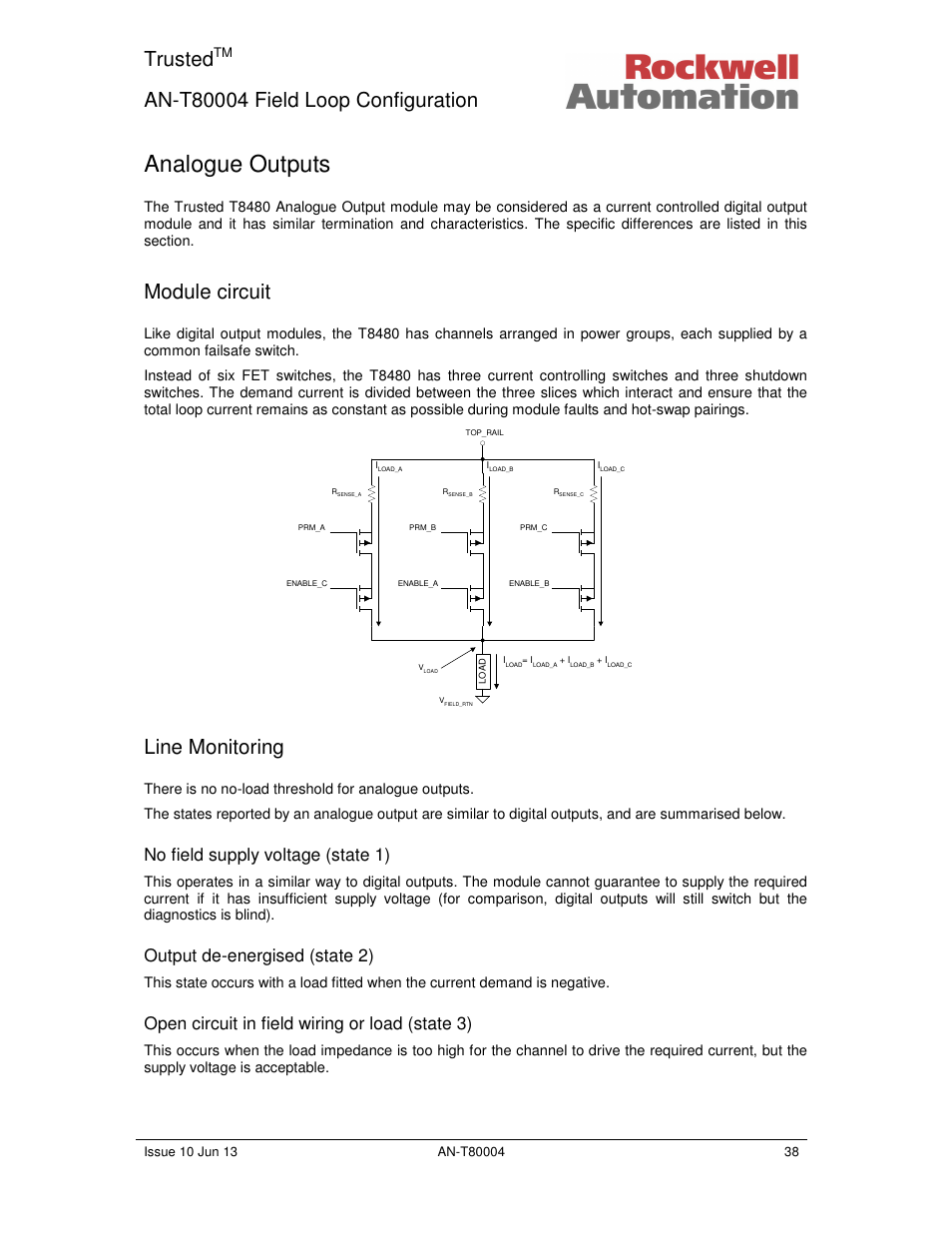 Analogue outputs, Trusted, Module circuit | Line monitoring, No field supply voltage (state 1), Output de-energised (state 2), Open circuit in field wiring or load (state 3) | Rockwell Automation T80004 Application Note Field Loop Configuration User Manual | Page 38 / 56