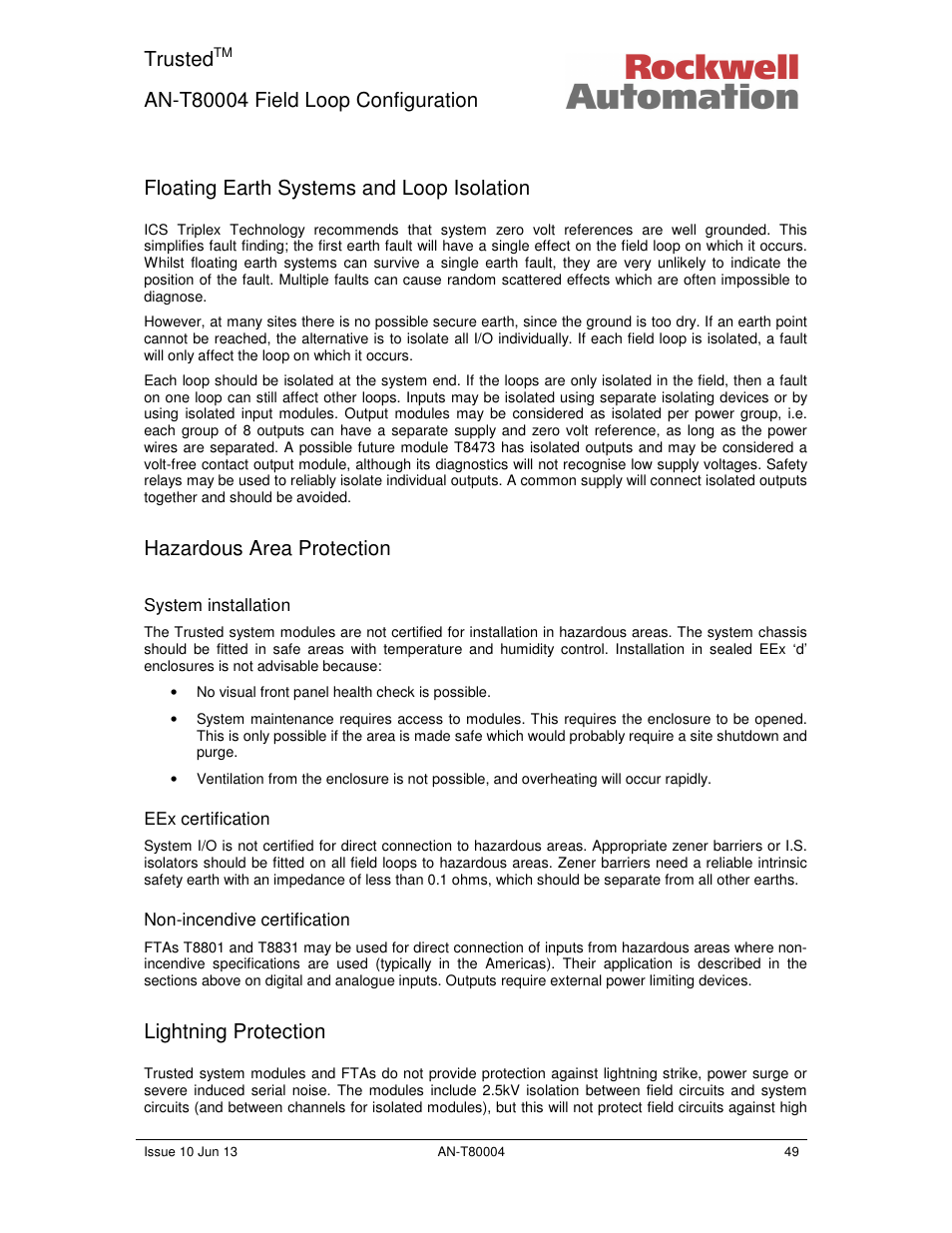 Trusted, Floating earth systems and loop isolation, Hazardous area protection | Lightning protection | Rockwell Automation T80004 Application Note Field Loop Configuration User Manual | Page 49 / 56