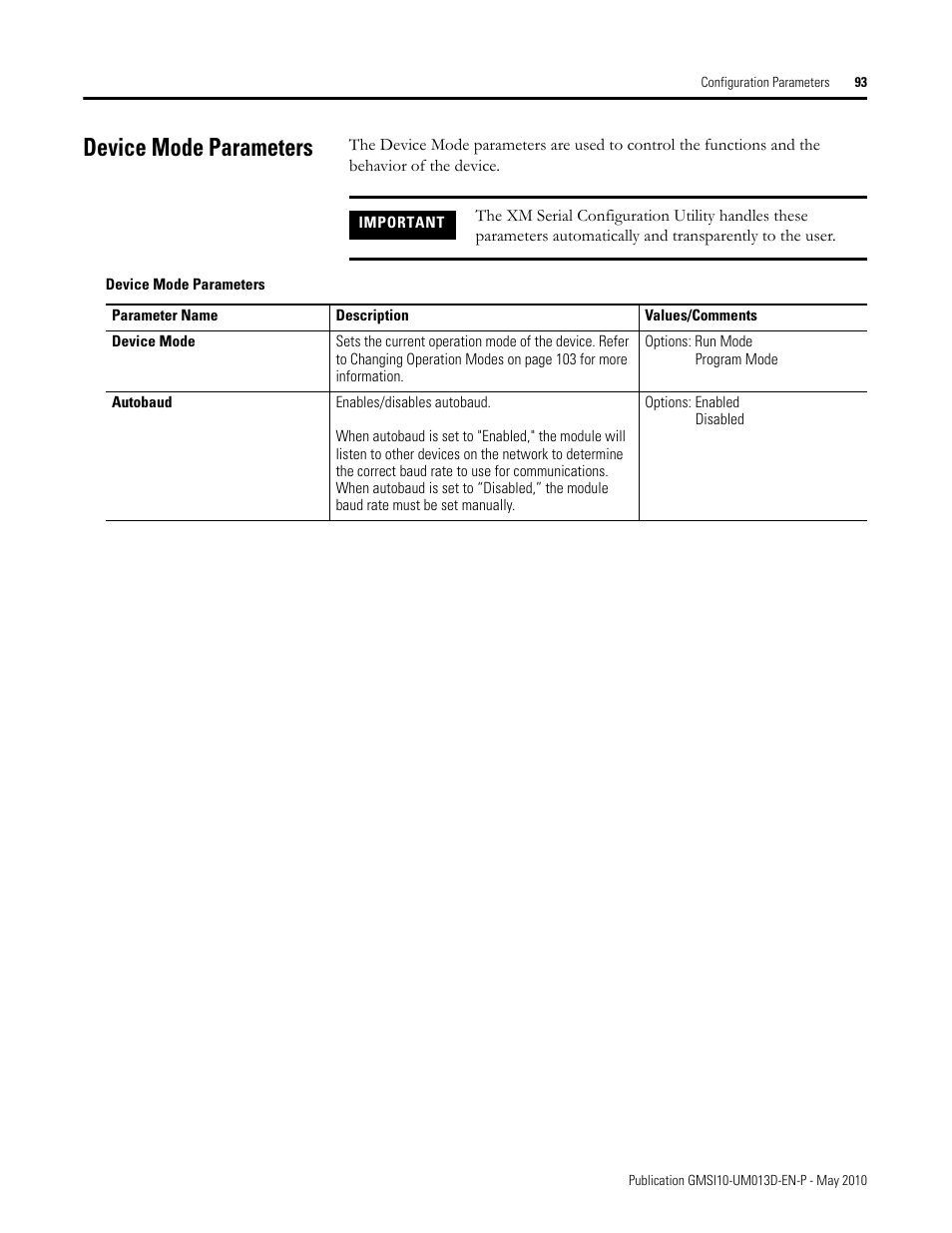 Device mode parameters | Rockwell Automation 1440-VSE02-01RA XM-122 gSE Vibration Module User Manual | Page 103 / 216