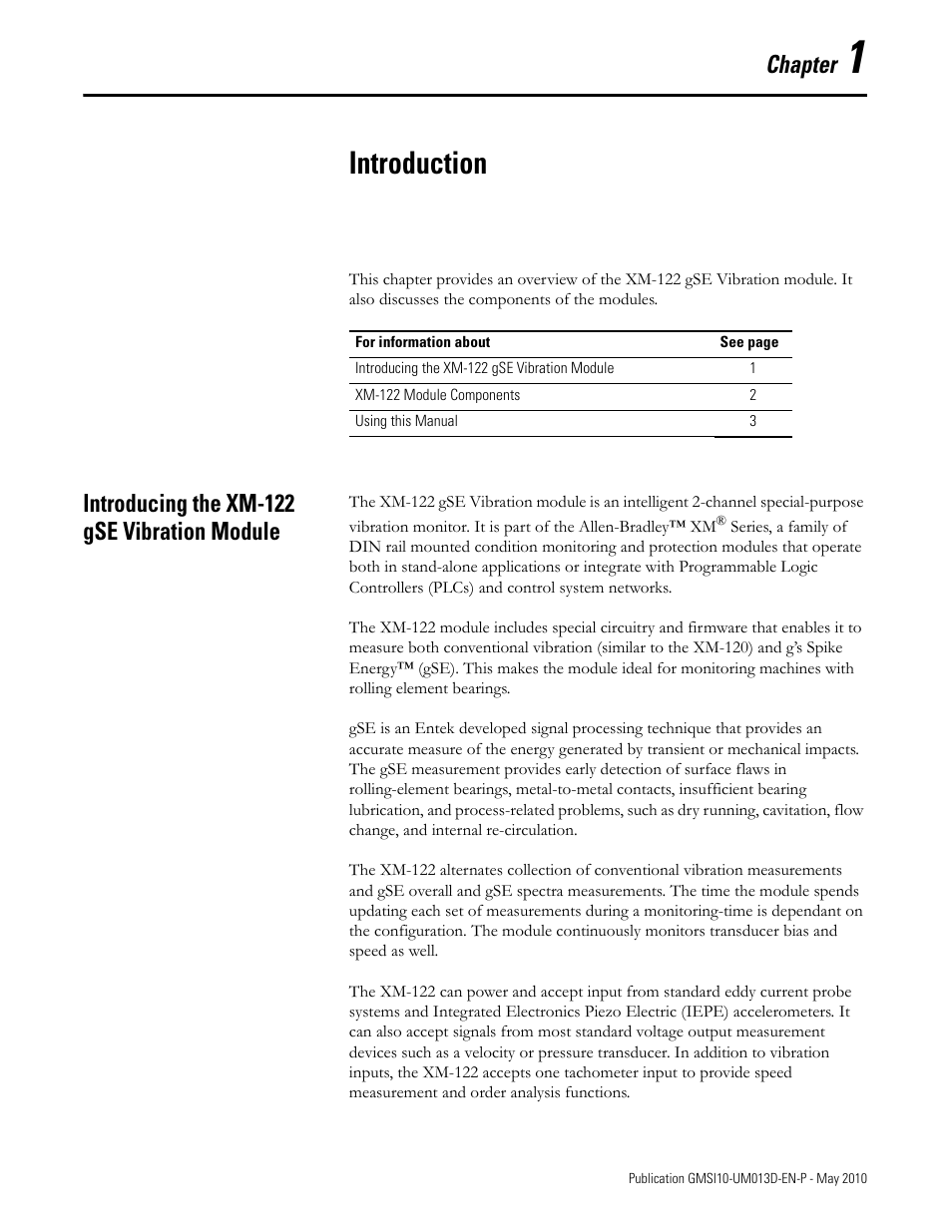 Introduction, Introducing the xm-122 gse vibration module, Chapter 1 | Chapter | Rockwell Automation 1440-VSE02-01RA XM-122 gSE Vibration Module User Manual | Page 11 / 216