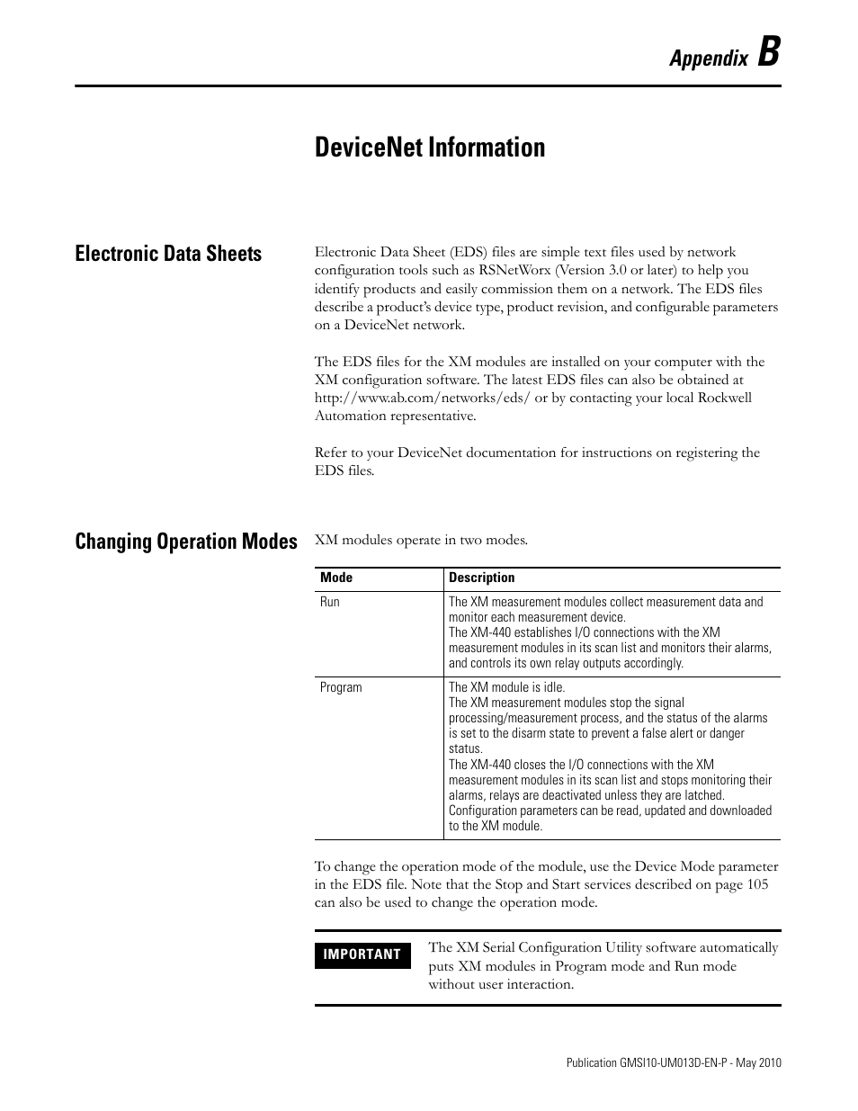 Devicenet information, Electronic data sheets, Changing operation modes | Appendix b, Electronic data sheets changing operation modes, Appendix | Rockwell Automation 1440-VSE02-01RA XM-122 gSE Vibration Module User Manual | Page 113 / 216