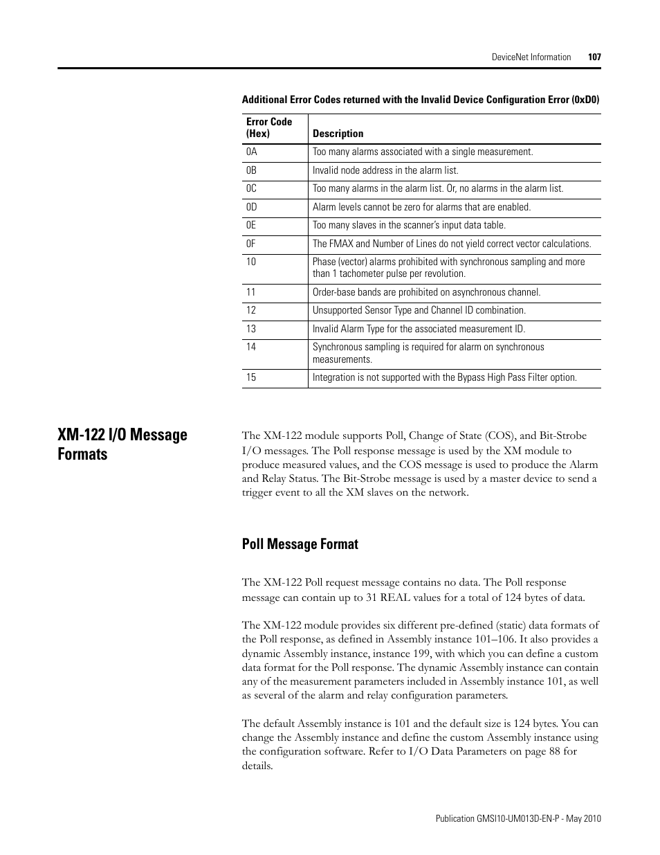 Xm-122 i/o message formats, Poll message format | Rockwell Automation 1440-VSE02-01RA XM-122 gSE Vibration Module User Manual | Page 117 / 216