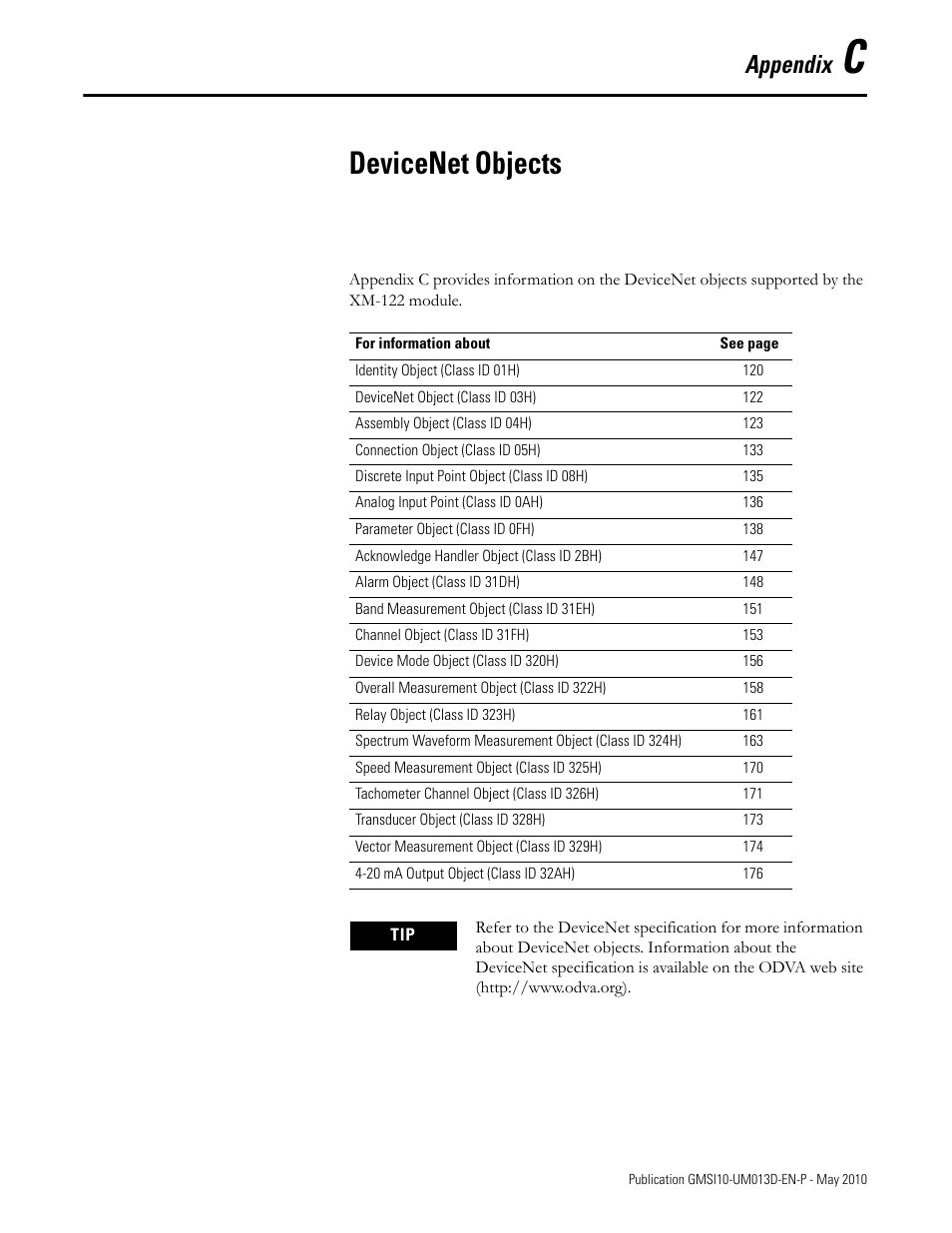 Devicenet objects, Appendix c, Appendix | Rockwell Automation 1440-VSE02-01RA XM-122 gSE Vibration Module User Manual | Page 129 / 216