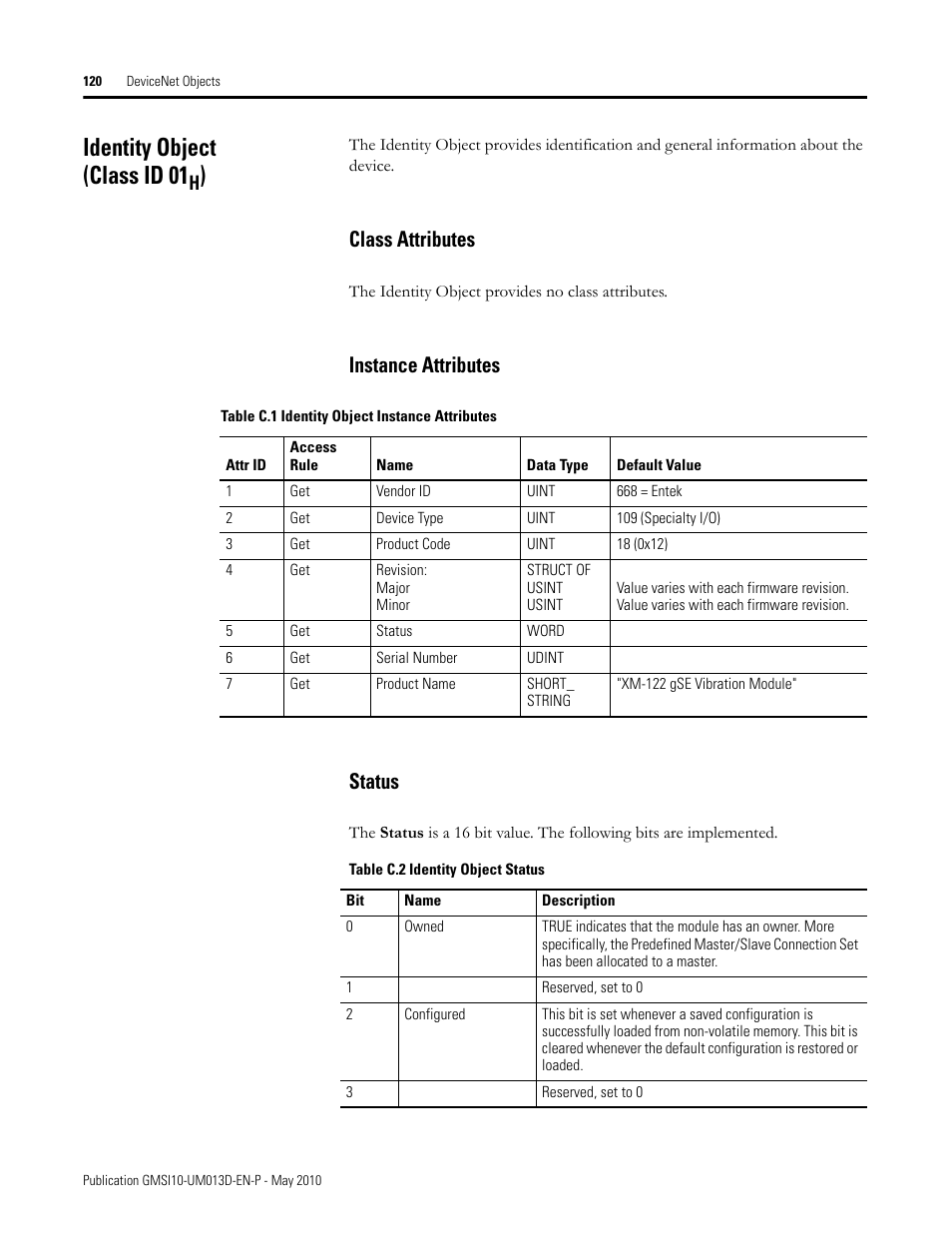 Identity object (class id 01h), Class attributes, Instance attributes | Status, Class attributes instance attributes status, Identity object (class id 01, Instance attributes status | Rockwell Automation 1440-VSE02-01RA XM-122 gSE Vibration Module User Manual | Page 130 / 216