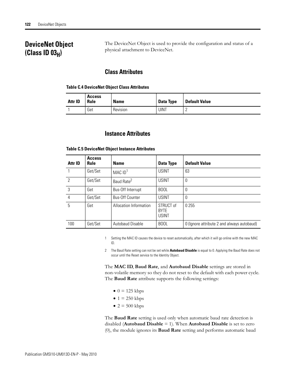 Devicenet object (class id 03h), Class attributes, Instance attributes | Class attributes instance attributes, Devicenet object (class id 03 | Rockwell Automation 1440-VSE02-01RA XM-122 gSE Vibration Module User Manual | Page 132 / 216