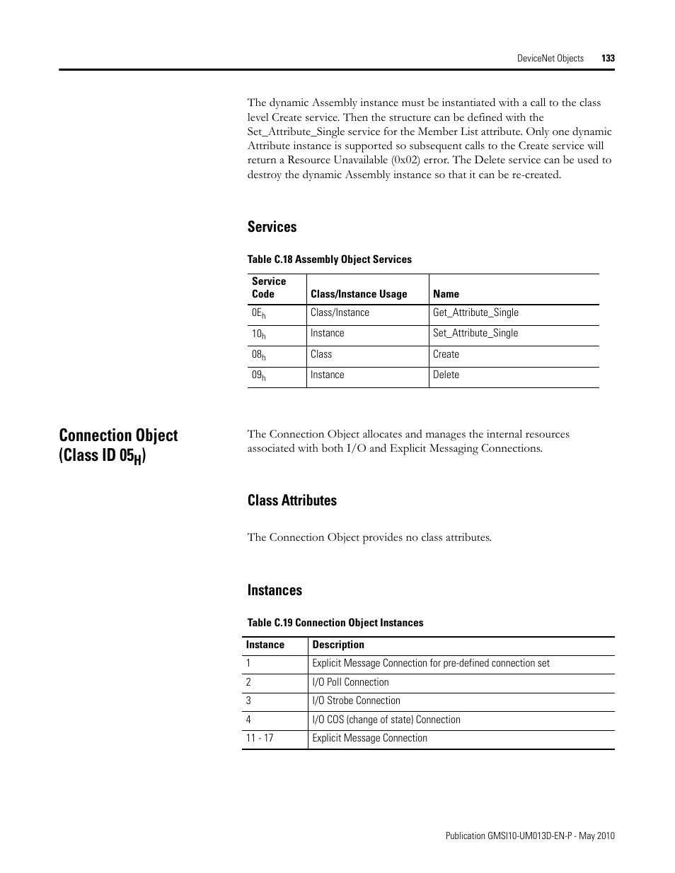 Services, Connection object (class id 05h), Class attributes | Instances, Class attributes instances, Connection object (class id 05 | Rockwell Automation 1440-VSE02-01RA XM-122 gSE Vibration Module User Manual | Page 143 / 216