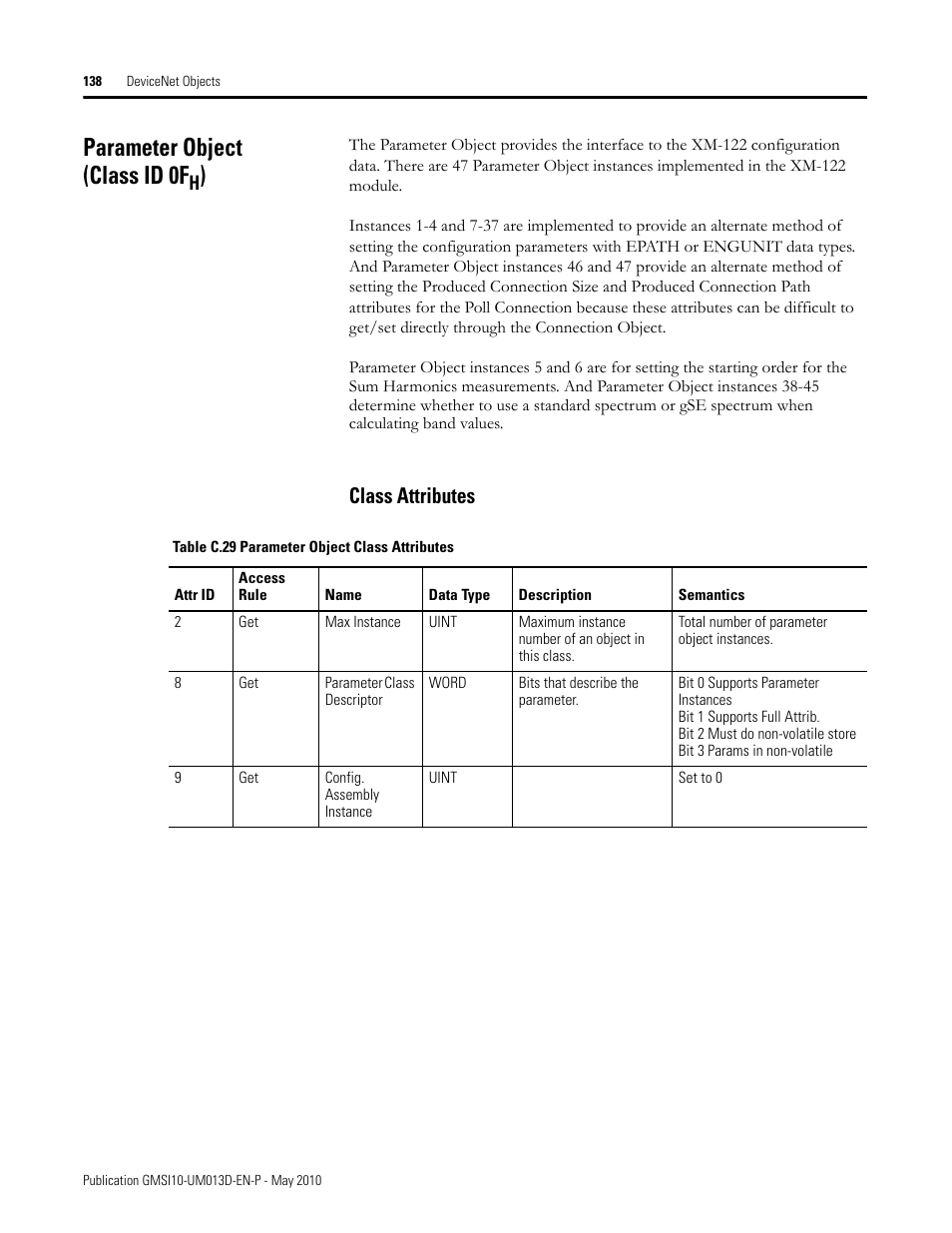 Parameter object (class id 0fh), Class attributes, Parameter object (class id 0f | Rockwell Automation 1440-VSE02-01RA XM-122 gSE Vibration Module User Manual | Page 148 / 216