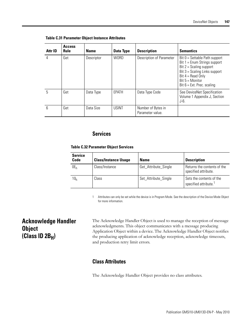 Services, Acknowledge handler object (class id 2bh), Class attributes | Acknowledge handler object (class id 2b | Rockwell Automation 1440-VSE02-01RA XM-122 gSE Vibration Module User Manual | Page 157 / 216