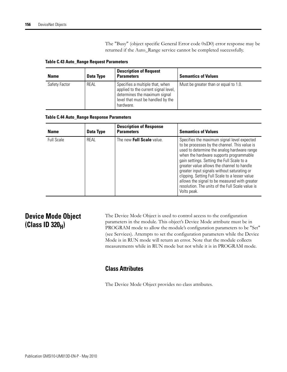 Device mode object (class id 320h), Class attributes, Device mode object (class id 320 | Rockwell Automation 1440-VSE02-01RA XM-122 gSE Vibration Module User Manual | Page 166 / 216