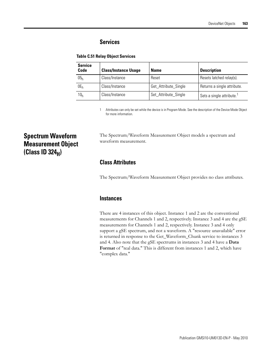 Services, Class attributes, Instances | Class attributes instances, Spectrum waveform measurement object (class id 324 | Rockwell Automation 1440-VSE02-01RA XM-122 gSE Vibration Module User Manual | Page 173 / 216