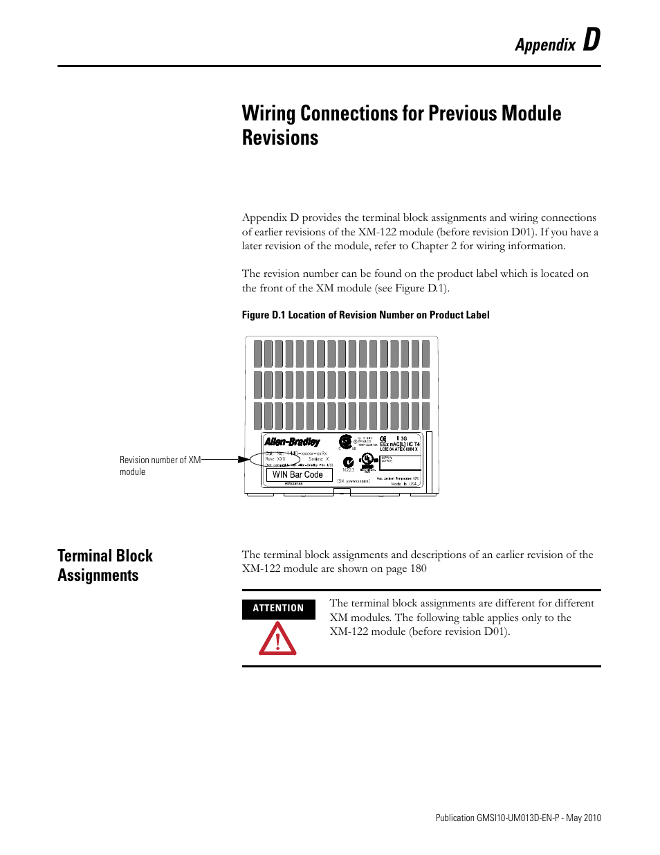 Wiring connections for previous module revisions, Terminal block assignments, Appendix d | Appendix | Rockwell Automation 1440-VSE02-01RA XM-122 gSE Vibration Module User Manual | Page 189 / 216