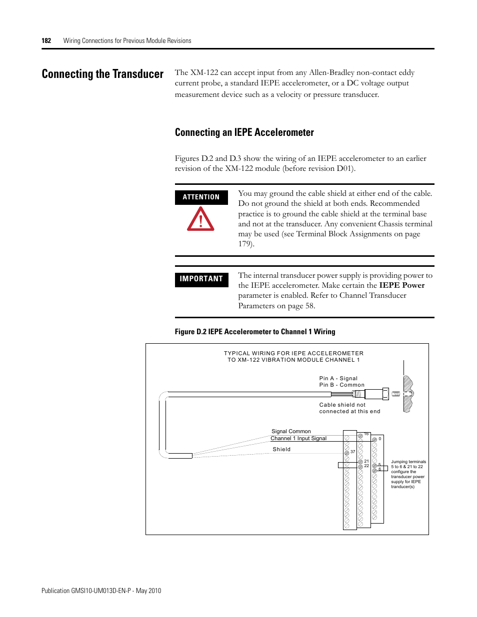 Connecting the transducer, Connecting an iepe accelerometer | Rockwell Automation 1440-VSE02-01RA XM-122 gSE Vibration Module User Manual | Page 192 / 216