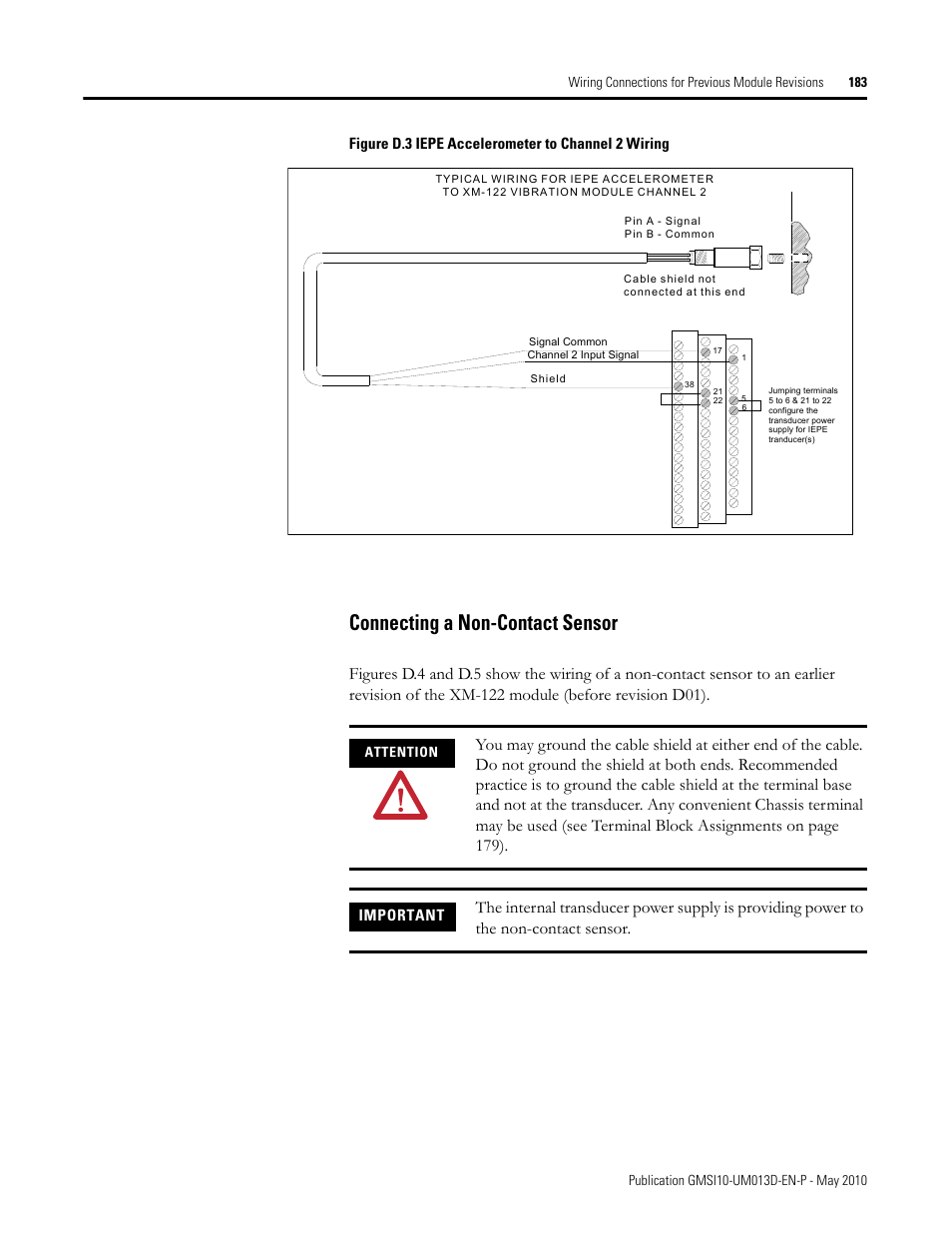 Connecting a non-contact sensor, Figure d.3 iepe accelerometer to channel 2 wiring, Important | Rockwell Automation 1440-VSE02-01RA XM-122 gSE Vibration Module User Manual | Page 193 / 216