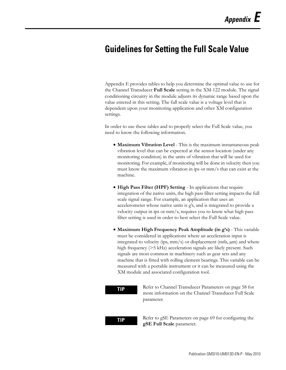 Guidelines for setting the full scale value, Appendix e, Appendix | Rockwell Automation 1440-VSE02-01RA XM-122 gSE Vibration Module User Manual | Page 201 / 216