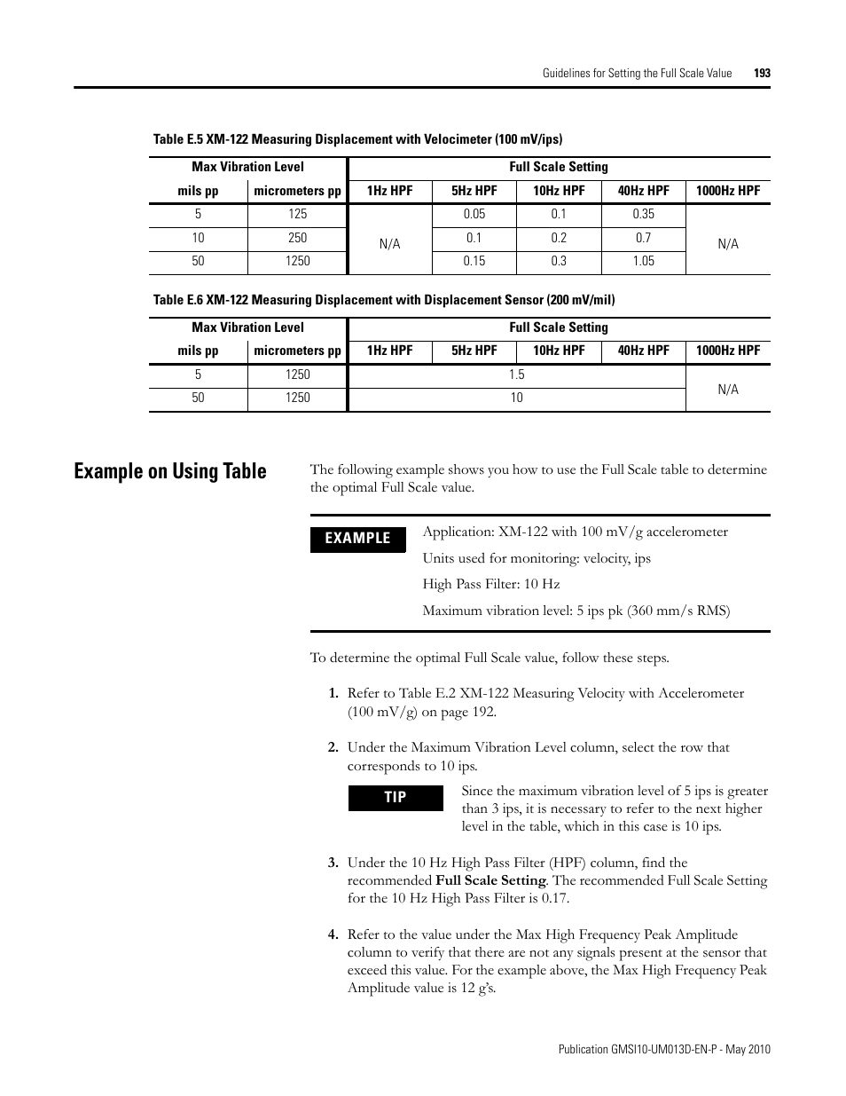 Example on using table | Rockwell Automation 1440-VSE02-01RA XM-122 gSE Vibration Module User Manual | Page 203 / 216