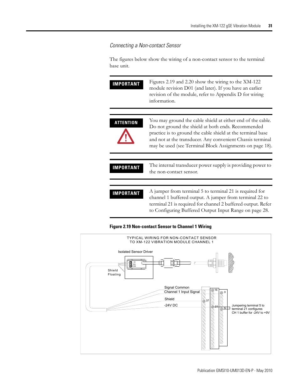 Connecting a non-contact sensor, Important | Rockwell Automation 1440-VSE02-01RA XM-122 gSE Vibration Module User Manual | Page 41 / 216