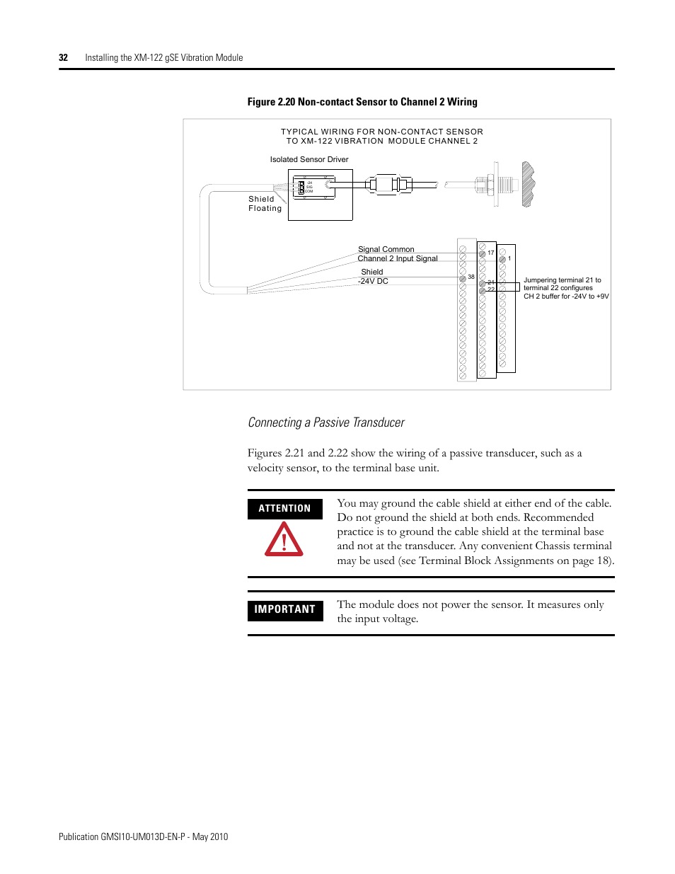 Connecting a passive transducer, Figure 2.20 non-contact sensor to channel 2 wiring, Important | Rockwell Automation 1440-VSE02-01RA XM-122 gSE Vibration Module User Manual | Page 42 / 216