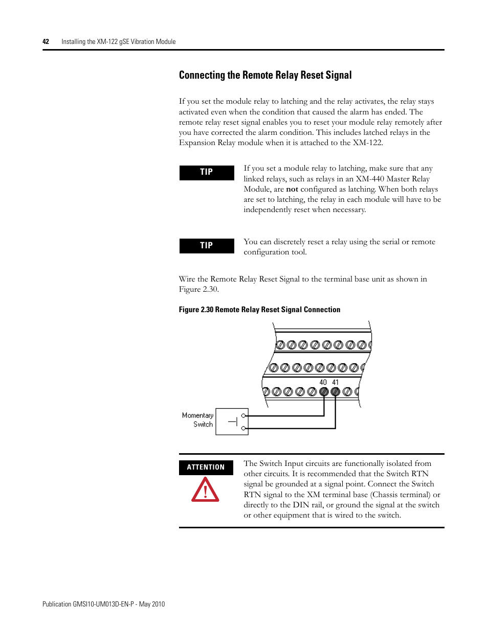 Connecting the remote relay reset signal | Rockwell Automation 1440-VSE02-01RA XM-122 gSE Vibration Module User Manual | Page 52 / 216