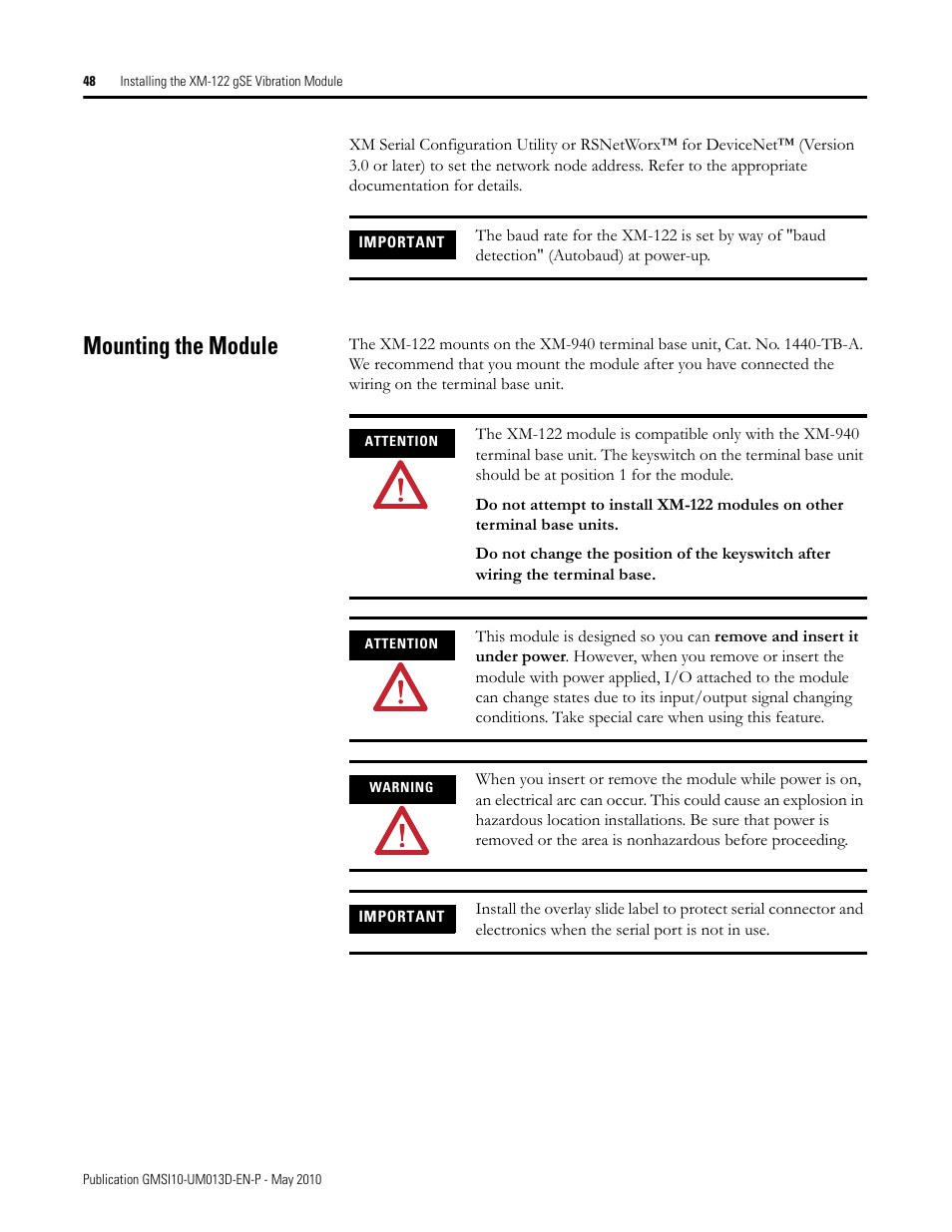 Mounting the module | Rockwell Automation 1440-VSE02-01RA XM-122 gSE Vibration Module User Manual | Page 58 / 216