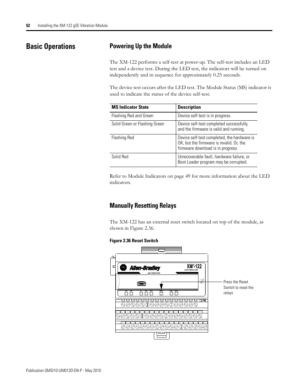 Basic operations, Powering up the module, Manually resetting relays | Powering up the module manually resetting relays | Rockwell Automation 1440-VSE02-01RA XM-122 gSE Vibration Module User Manual | Page 62 / 216