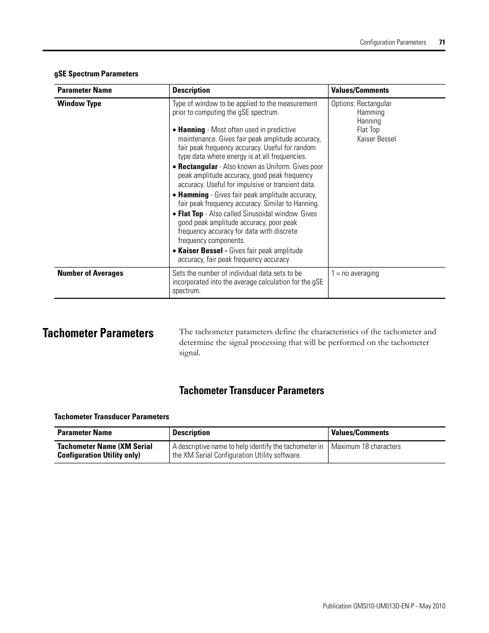 Tachometer parameters, Tachometer transducer parameters | Rockwell Automation 1440-VSE02-01RA XM-122 gSE Vibration Module User Manual | Page 81 / 216