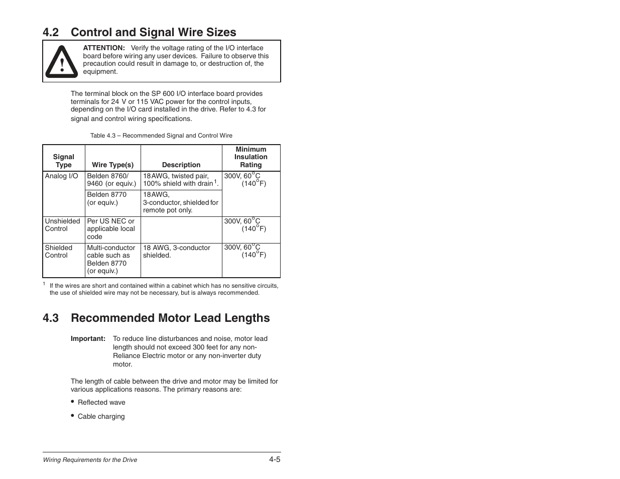 2 control and signal wire sizes, 3 recommended motor lead lengths | Rockwell Automation SP600 User Manual Version 3.0 User Manual | Page 53 / 274