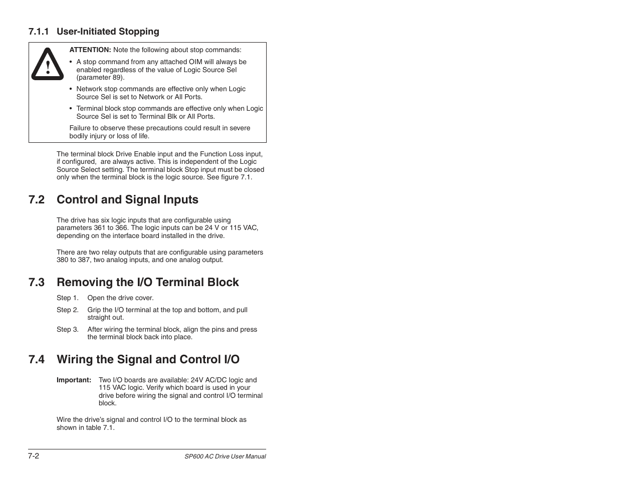 2 control and signal inputs, 3 removing the i/o terminal block, 4 wiring the signal and control i/o | Rockwell Automation SP600 User Manual Version 3.0 User Manual | Page 74 / 274