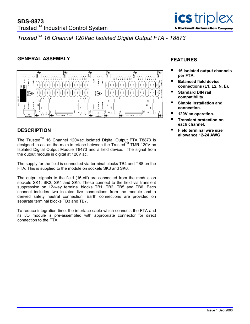 Rockwell Automation T8873 Trusted 40 Channel Digital Input Versatile FTA User Manual | 2 pages