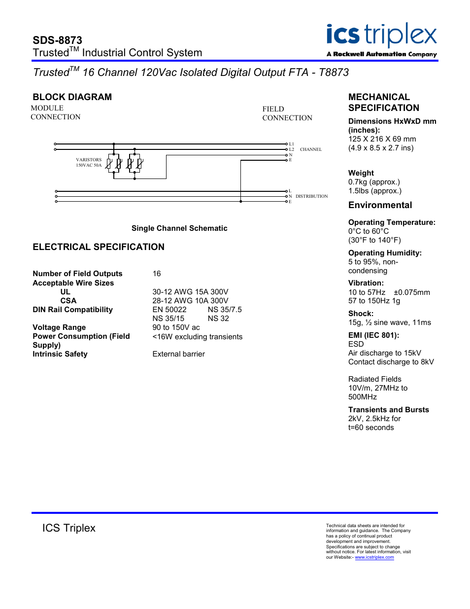 Block diagram, Single channel schematic, Electrical specification | Sds-8873 trusted, Industrial control system trusted, Ics triplex | Rockwell Automation T8873 Trusted 40 Channel Digital Input Versatile FTA User Manual | Page 2 / 2