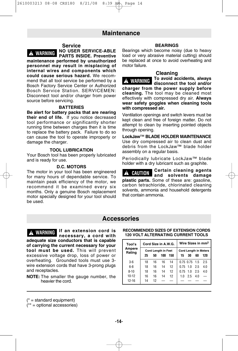 Maintenance, Accessories, Service | Cleaning, Warning, Caution | Bosch CRS180 User Manual | Page 14 / 44