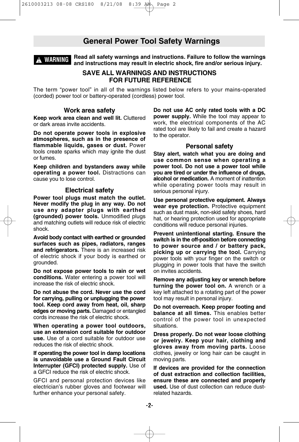 General power tool safety warnings | Bosch CRS180 User Manual | Page 2 / 44