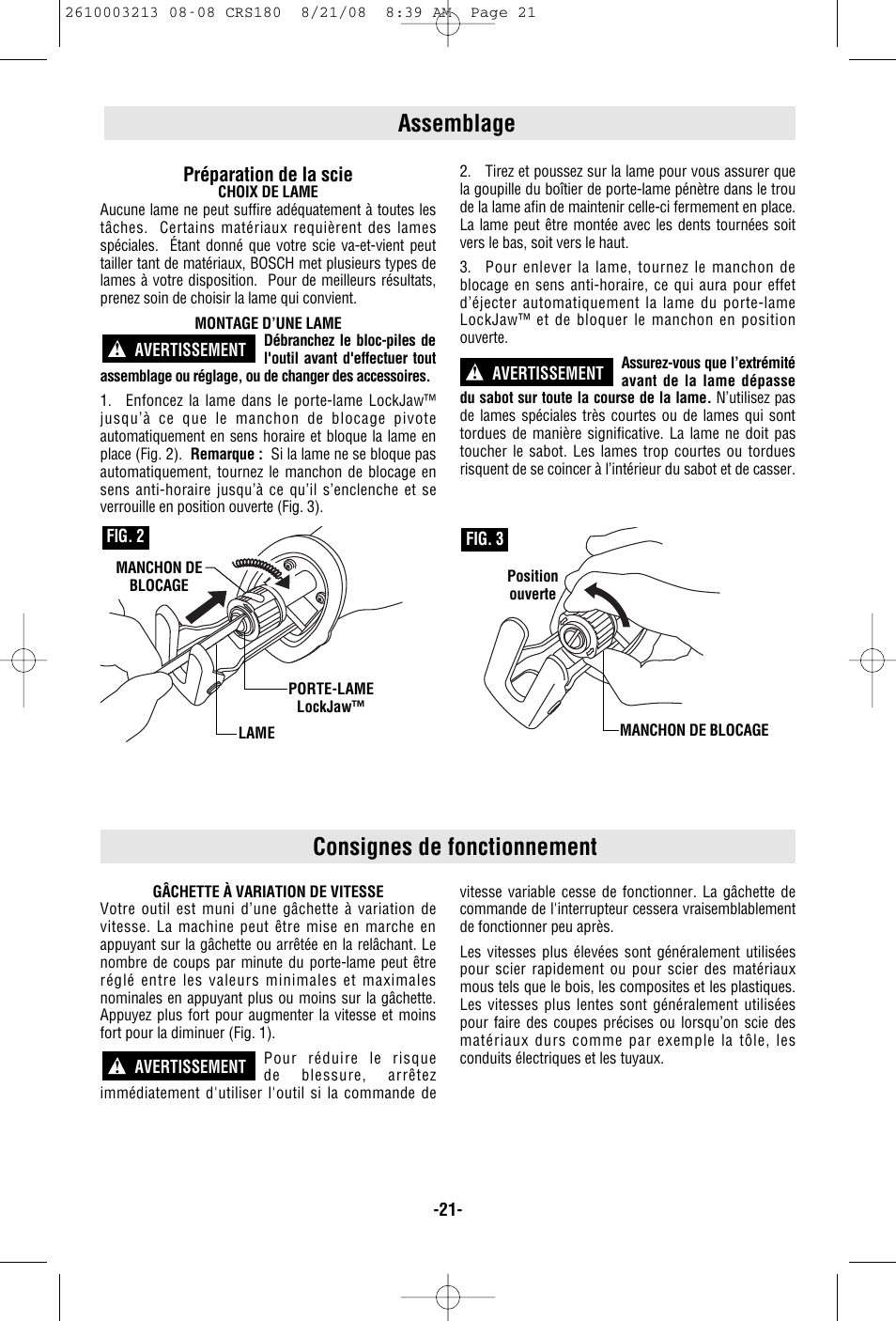 Consignes de fonctionnement, Assemblage | Bosch CRS180 User Manual | Page 21 / 44