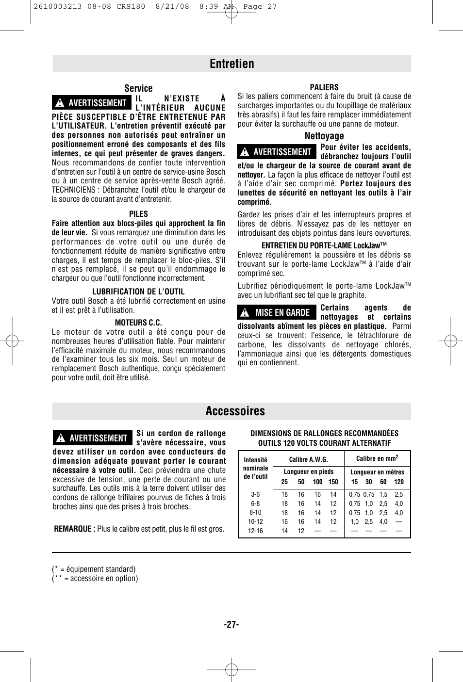 Entretien, Accessoires, Service | Nettoyage | Bosch CRS180 User Manual | Page 27 / 44