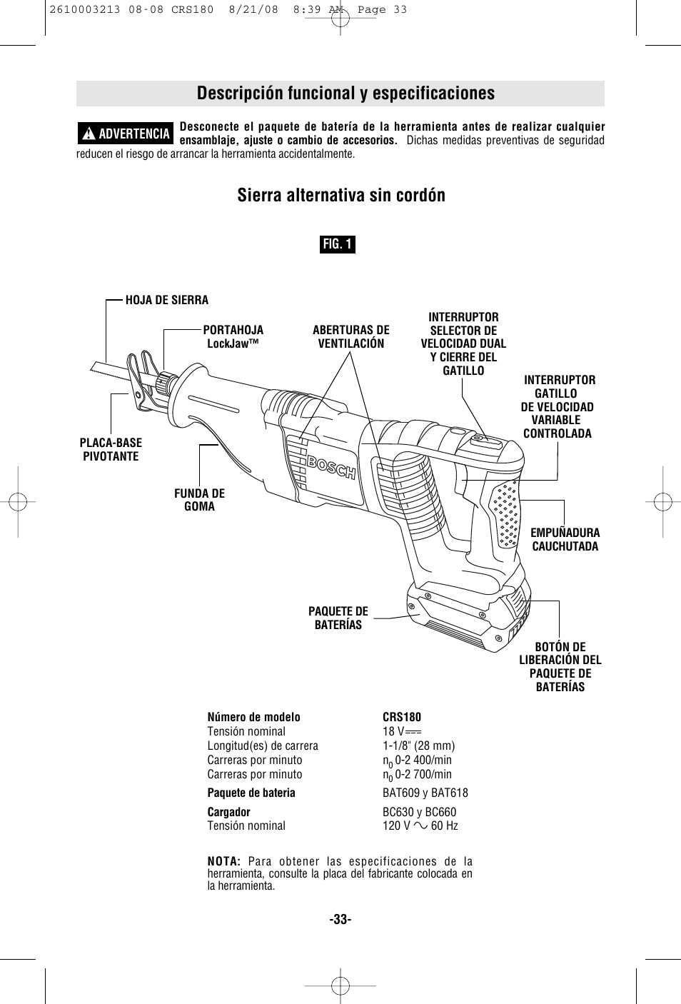 Descripción funcional y especificaciones, Sierra alternativa sin cordón | Bosch CRS180 User Manual | Page 33 / 44