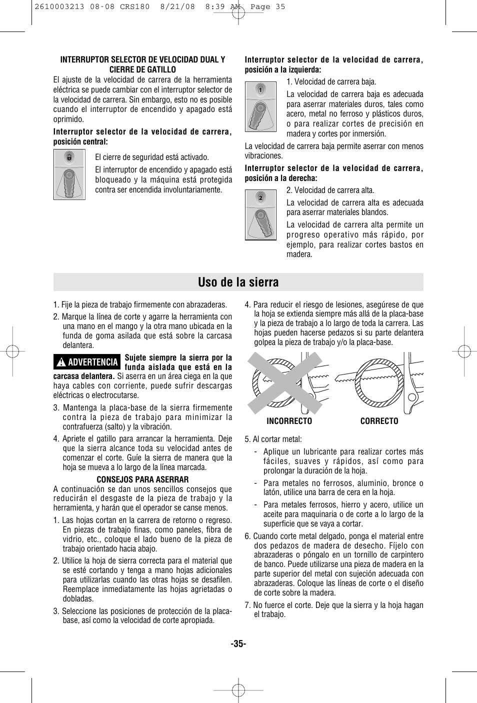 Uso de la sierra | Bosch CRS180 User Manual | Page 35 / 44