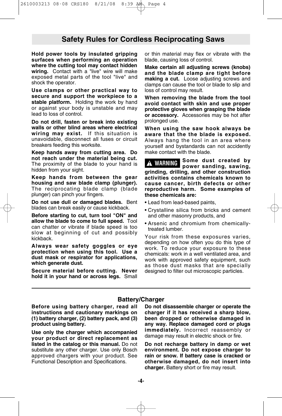 Safety rules for cordless reciprocating saws | Bosch CRS180 User Manual | Page 4 / 44