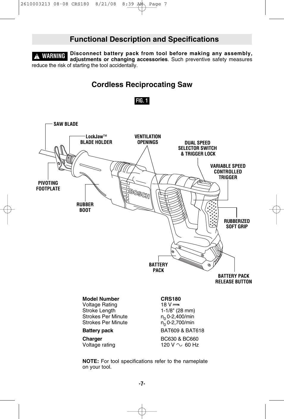 Functional description and specifications, Cordless reciprocating saw | Bosch CRS180 User Manual | Page 7 / 44